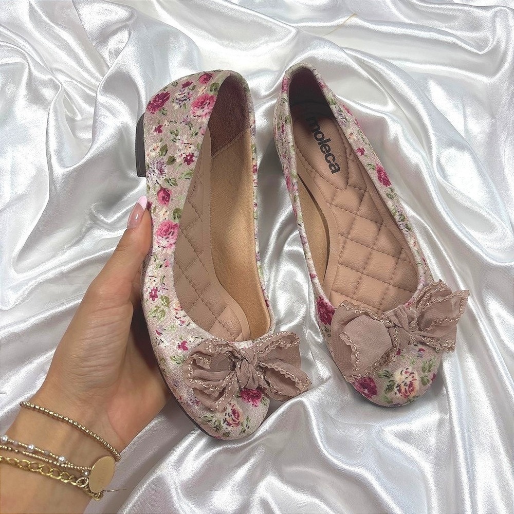 Vintage Ballet Flats Pink Excellent Floral Bow Quilted Insole Moleca Size 5